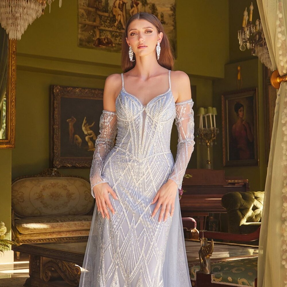 New Formal Sheath Maxi Gown w/ Long Removable Sleeves & Lace Up Back GL3616